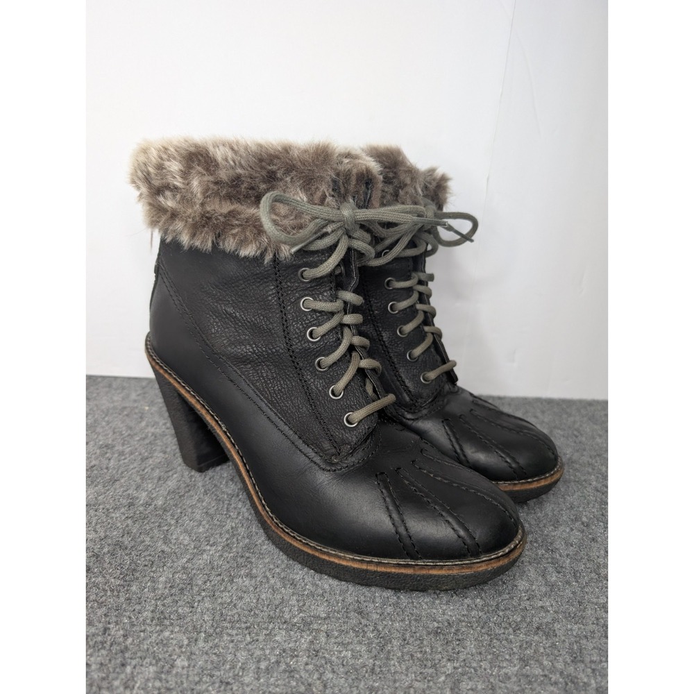 Bussola Womens Boots Black Leather Size 9.5 Lace Up Faux Fur Cuff 3.5" Heel READ